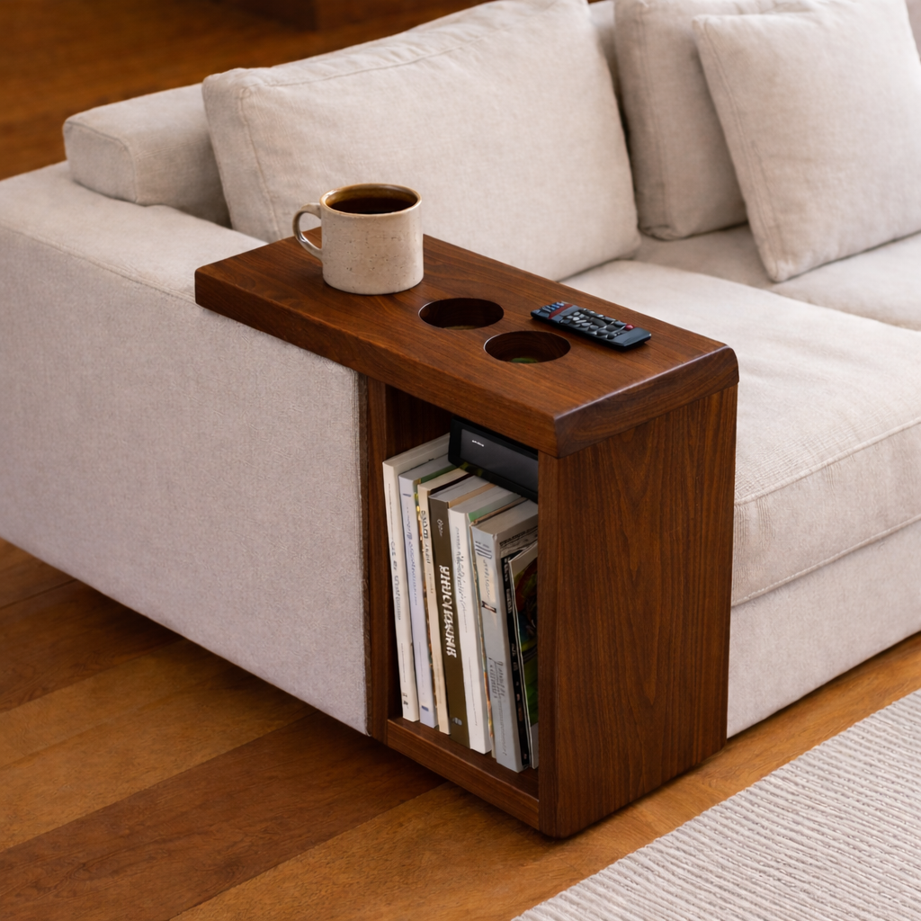 Solid Wood Sofa Armrest Table with Cup Holders – Couch Arm Tray with Storage Kitchnce