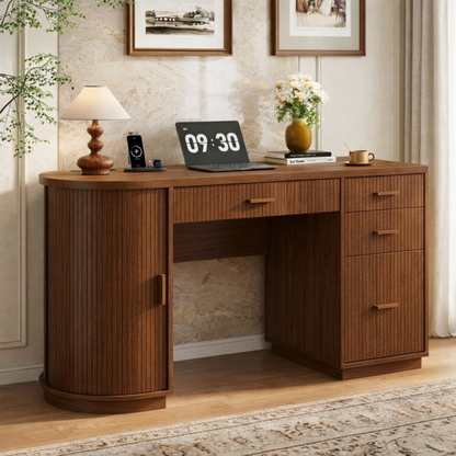Modern Fluted Executive Desk with Drawers, Curved Cabinet Home Office Writing Table
