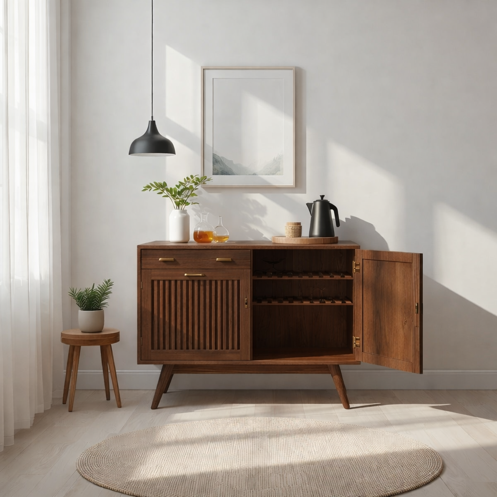 Mid Century Solid Wood Wine Cabinet with Sliding Door and Bottle Rack Storage