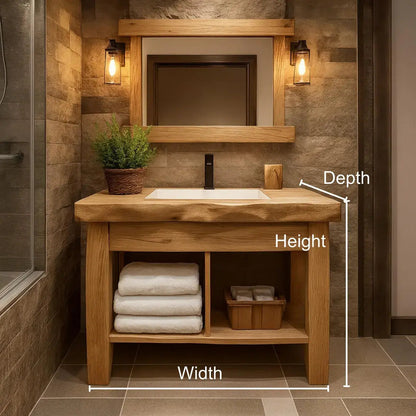 Handcrafted Solid Wood Bathroom Vanity with Natural Live Edge and Open Shelf Rustic Design Kitchnce