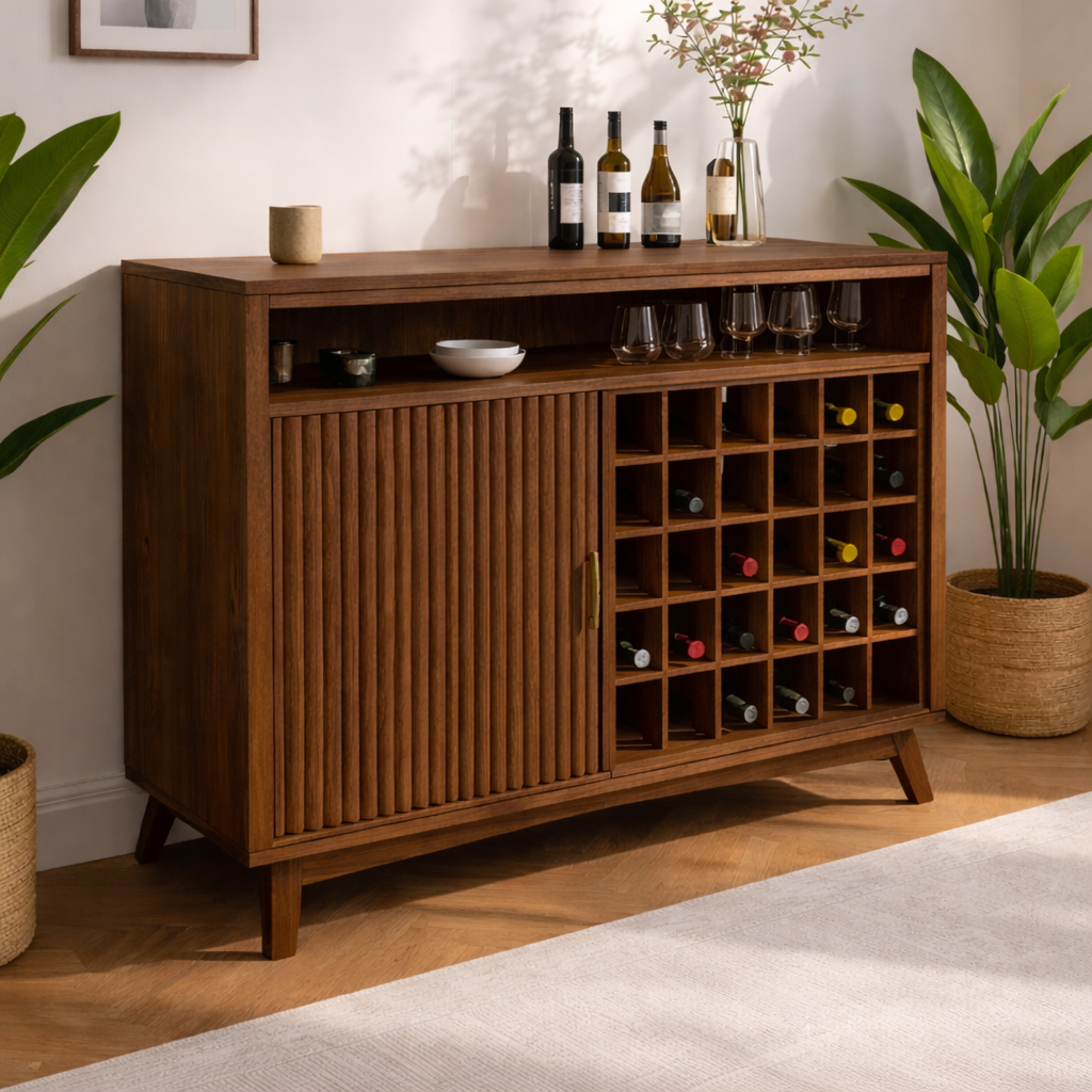 Solid Wood Wine Cabinet with Slatted Door and Bottle Rack Storage