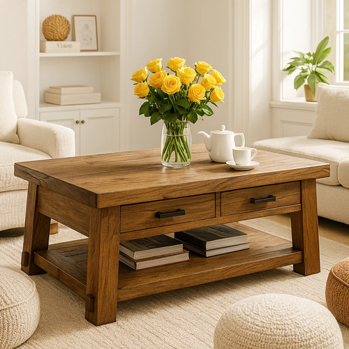 Handcrafted Solid Wood Coffee Table – Rustic Farmhouse Table with Drawers and Storage Shelf Kitchnce