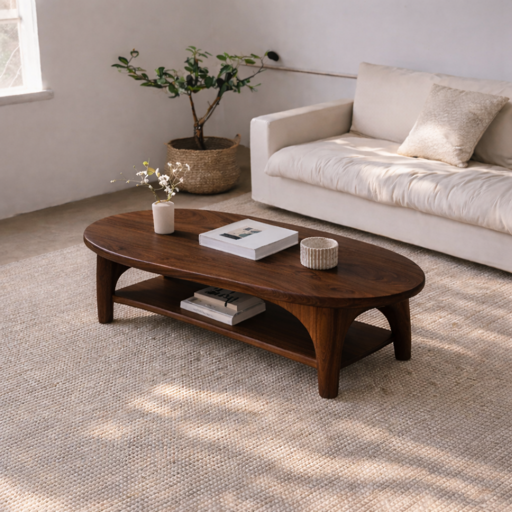 Handcrafted Solid Wood Coffee Table – Oval Modern Center Table with Shelf Kitchnce