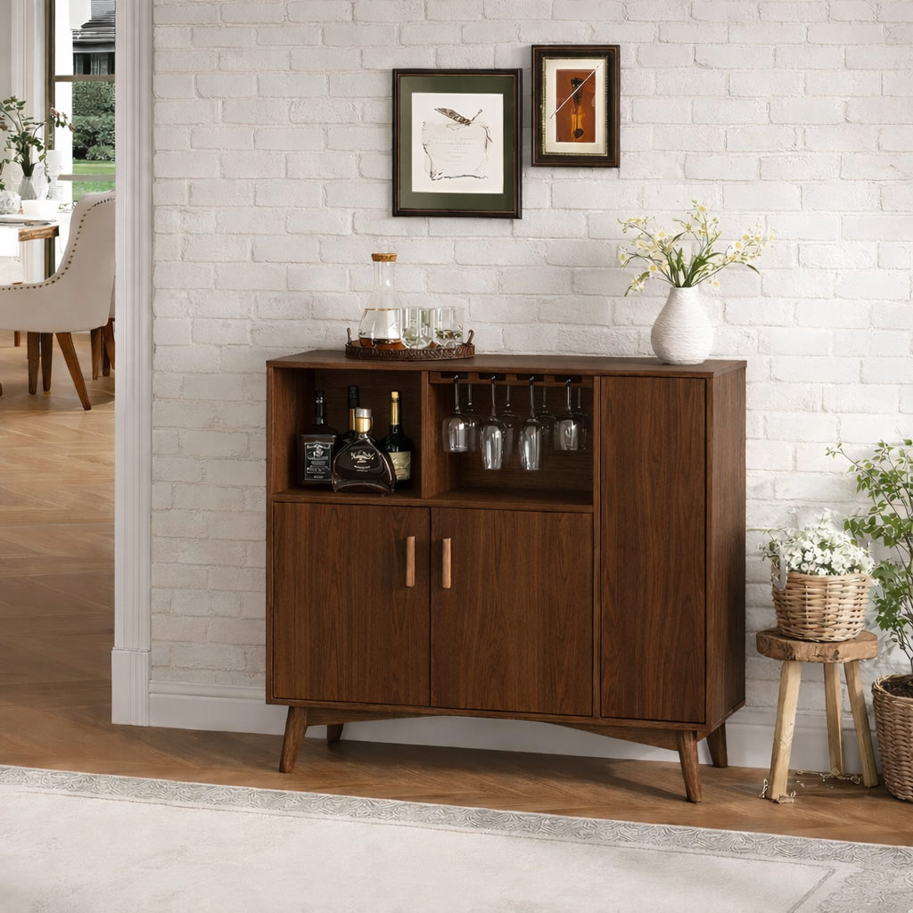 Handcrafted Solid Oak Wine Cabinet Scandinavian Bar Sideboard with Glass Rack Storage Display