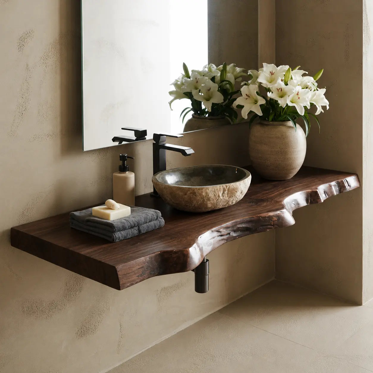 Live Edge Floating Vanity Shelf | Solid Wood Wall-Mounted Bathroom Counter Kitchnce