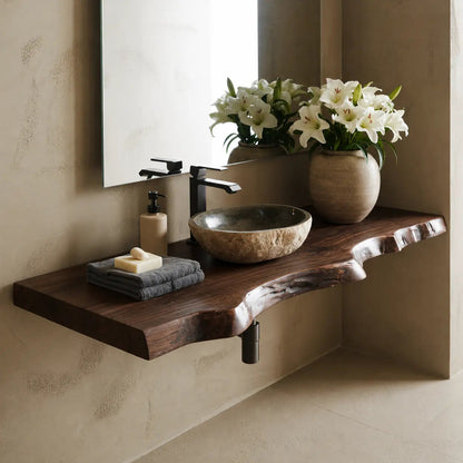 Live Edge Floating Vanity Shelf | Solid Wood Wall-Mounted Bathroom Counter Kitchnce
