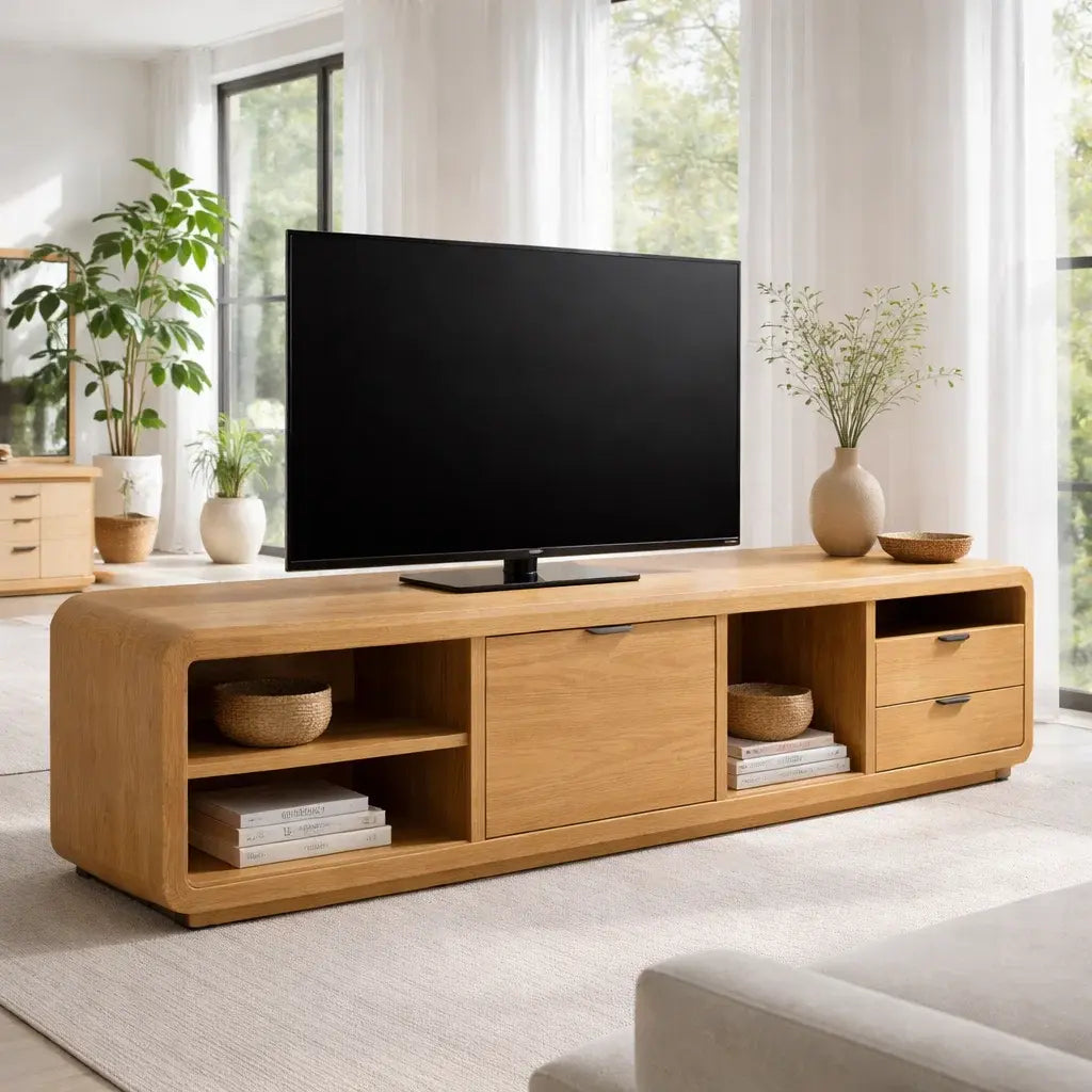 Solid Wood TV Cabinet with Rounded Edges – Modern Walnut Media Console Kitchnce