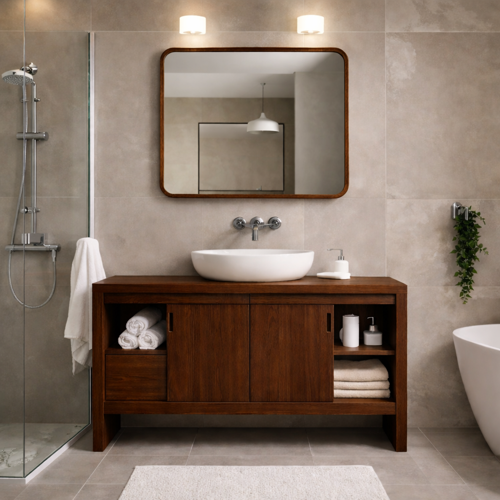Solid Wood Bathroom Vanity Cabinet with Sliding Doors & Open Shelf Storage