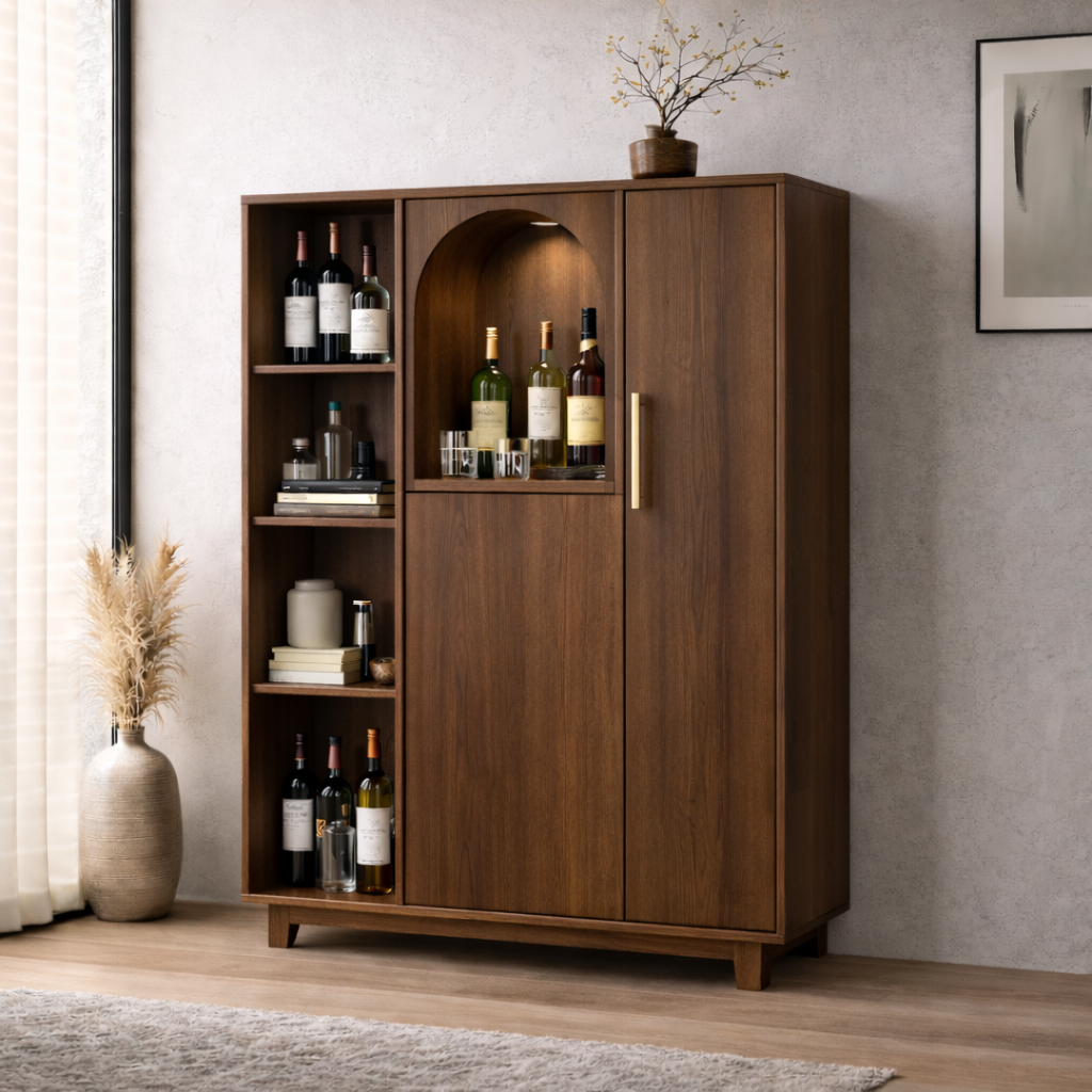 Solid Wood Bar Cabinet with Arched Display Niche and Open Wine Storage Shelf