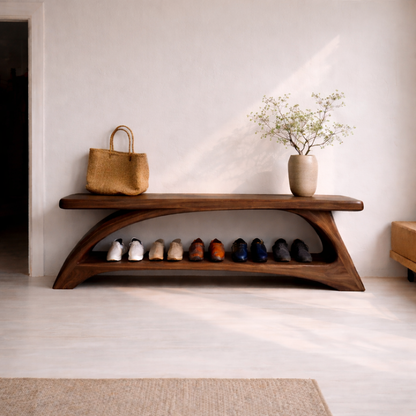 Solid Wood Entryway Bench with Shoe Storage Shelf – Modern Curved Wooden Shoe Rack Bench Kitchnce