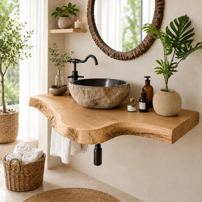 Live Edge Epoxy Vanity Shelf | Asymmetric Solid Wood Floating Bathroom Counter Kitchnce