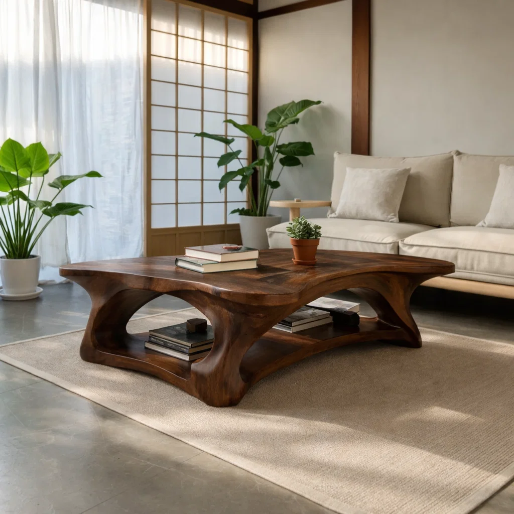 Solid Wood Coffee Table with Sculpted Organic Design – Modern Living Room Furniture