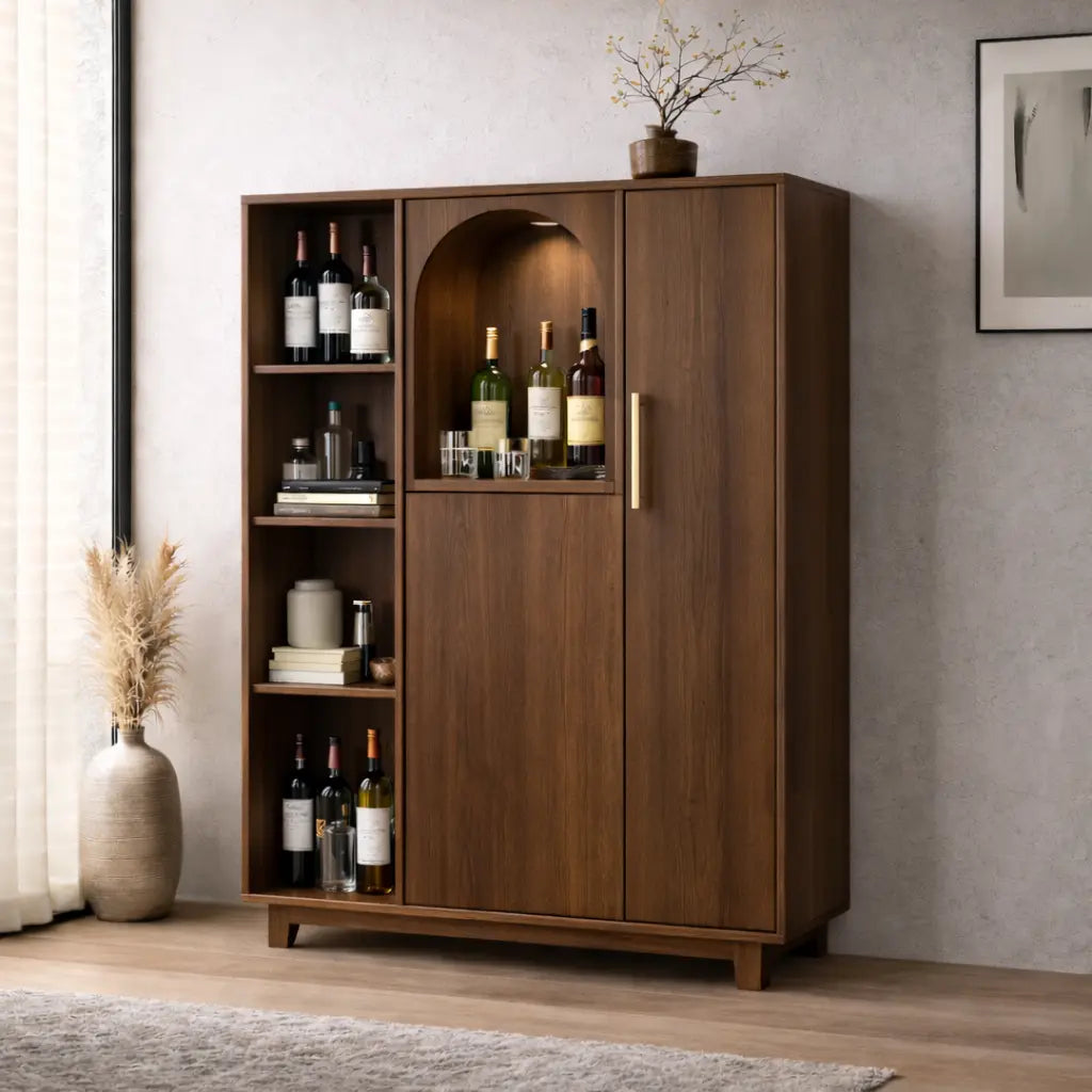 Solid Wood Bar Cabinet with Arched Display Niche and Open Wine Storage Shelf Kitchnce