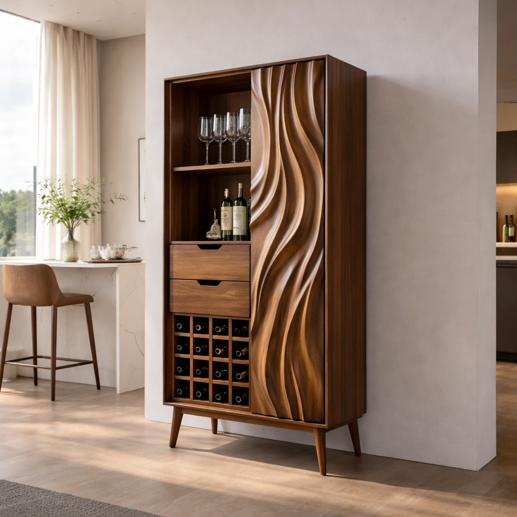 Tall Solid Wood Bar Cabinet with Wine Rack & Sculpted Door – Modern Home Bar Storage