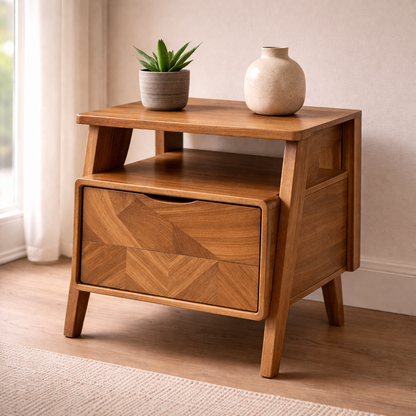 Solid Wood Nightstand with Angled Legs & Open Shelf – Contemporary Bedside Table