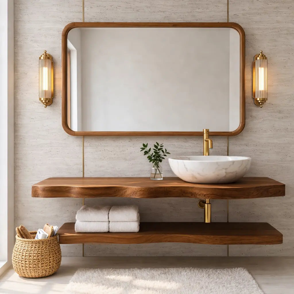 Natural Wood Floating Vanity with Curved Design, Shelf Storage, and Ceramic Sink Kitchnce