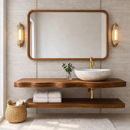 Natural Wood Floating Vanity with Curved Design, Shelf Storage, and Ceramic Sink Kitchnce