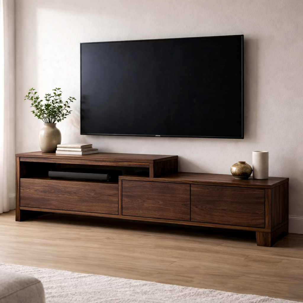 Solid Wood TV Console with Storage Cabinets and Media Shelf