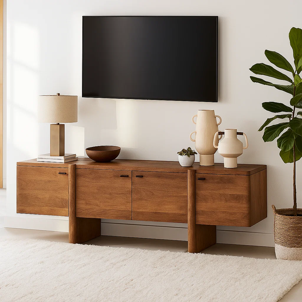 Handcrafted Solid Wood TV Stand with Drawer and Open Shelf Mid Century Modern Media Console Kitchnce