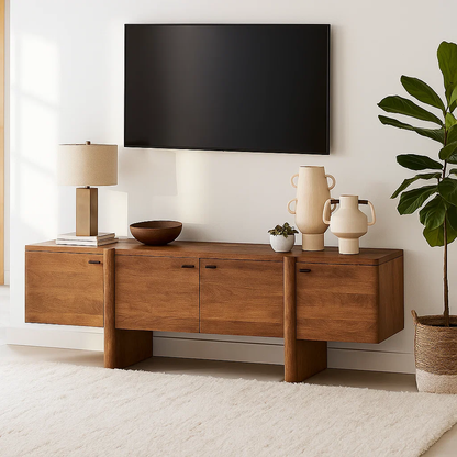 Handcrafted Solid Wood TV Stand with Drawer and Open Shelf Mid Century Modern Media Console Kitchnce