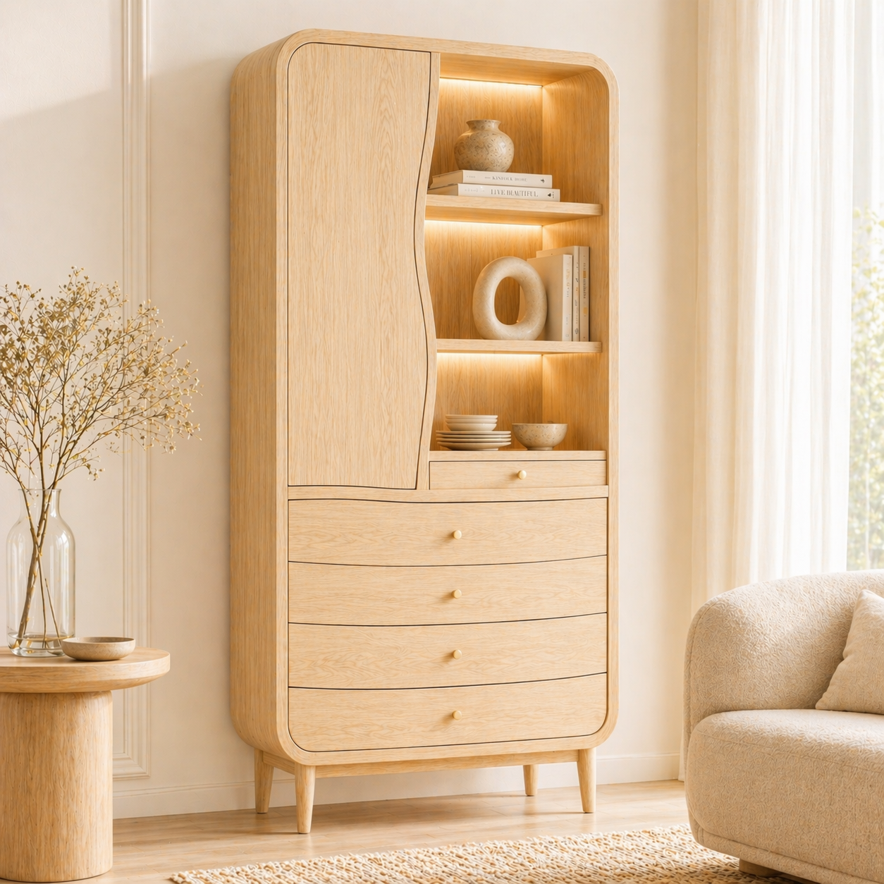 Modern Tall Wine Cabinet With Drawers Display Shelves Freestanding Storage Cabinet