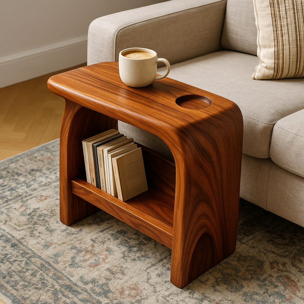 Solid Wood Sofa Armrest Table with Cup Holder and Book Storage Side Table