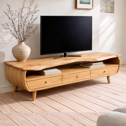 Live Edge Solid Wood Media Console – Modern TV Stand with Drawers & Storage