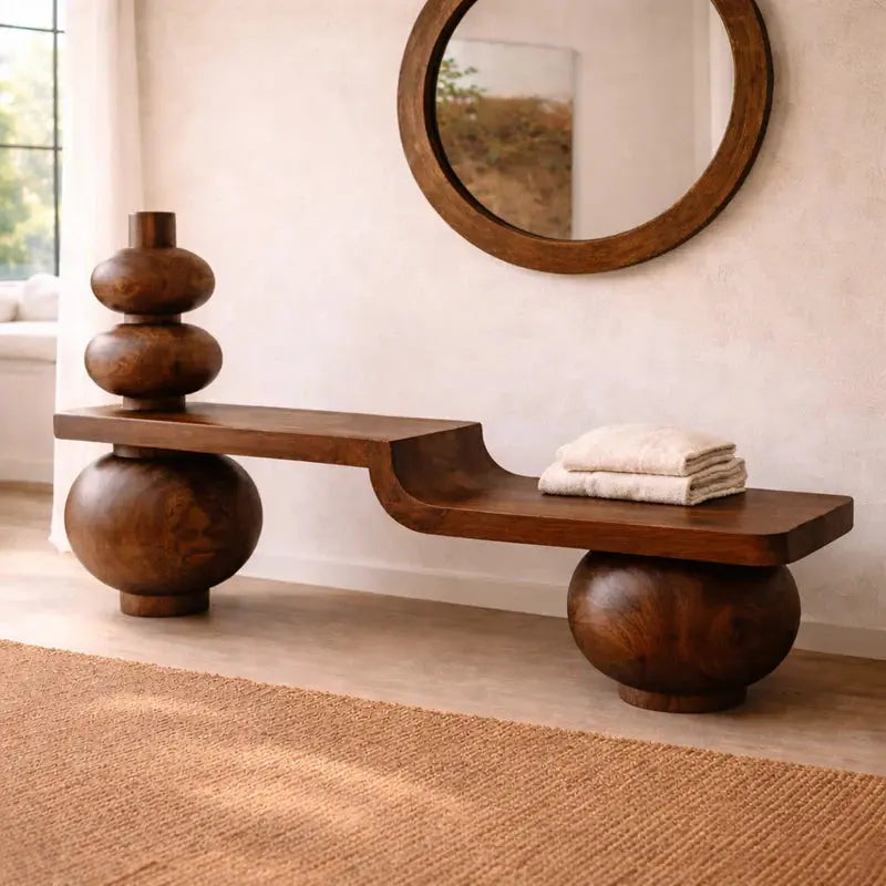 Sculptural Solid Wood Bench, Modern Artistic Entryway Statement Seating Kitchnce