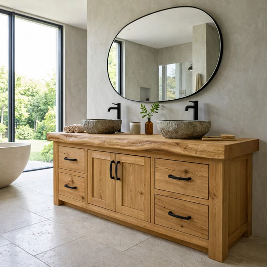 Rustic Oak Bathroom Vanity Double Sink Cabinet Live Edge Solid Wood Storage Unit