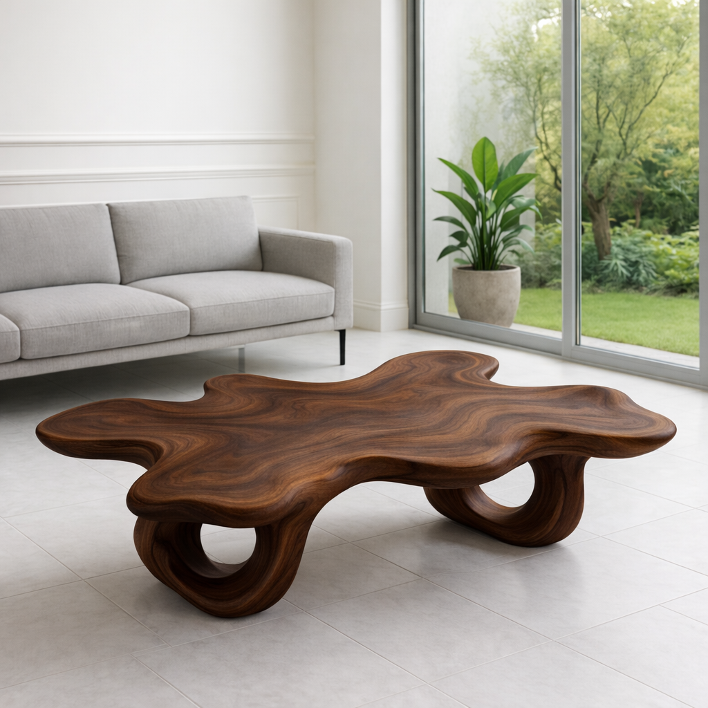 Modern Solid Wood Coffee Table with Unique Organic Shape for Contemporary Living Room Kitchnce