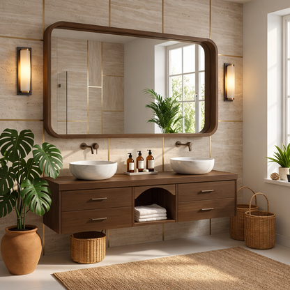 Double Sink Floating Vanity with Oak Wood, Modern and Spacious Design Kitchnce