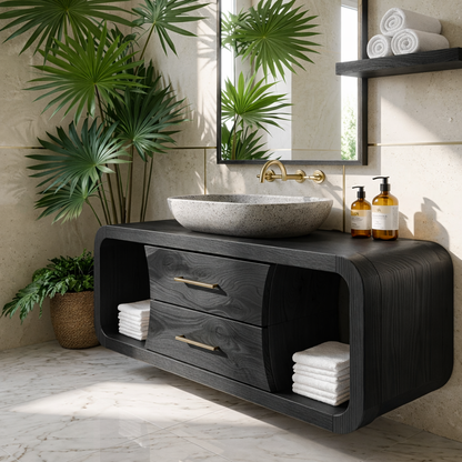 Modern Solid Wood Bathroom Vanity with Curved Frame and Open Shelf Storage