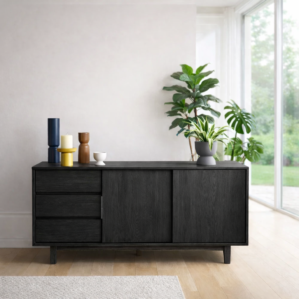 Scandinavian Style Sideboard Cabinet with Sliding Doors and Drawers – Storage Unit