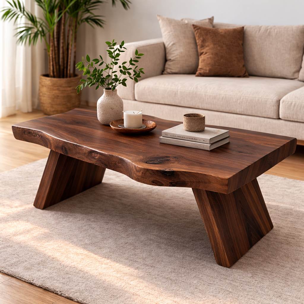 Live Edge Solid Wood Coffee Table with Thick Slab Top – Rustic Modern Living Room Table Kitchnce