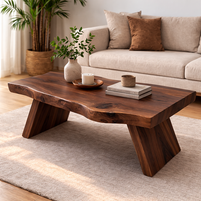 Live Edge Solid Wood Coffee Table with Thick Slab Top – Rustic Modern Living Room Table Kitchnce