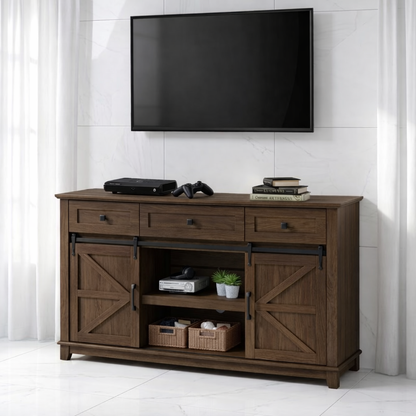 Solid Wood TV Stand with Sliding Barn Doors Drawers and Open Shelf