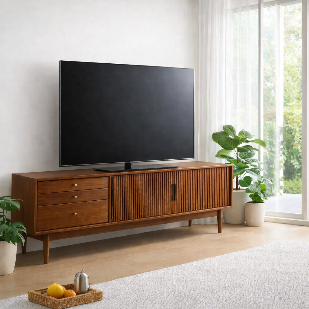 Mid Century Solid Wood TV Console with Slatted Doors & Drawers