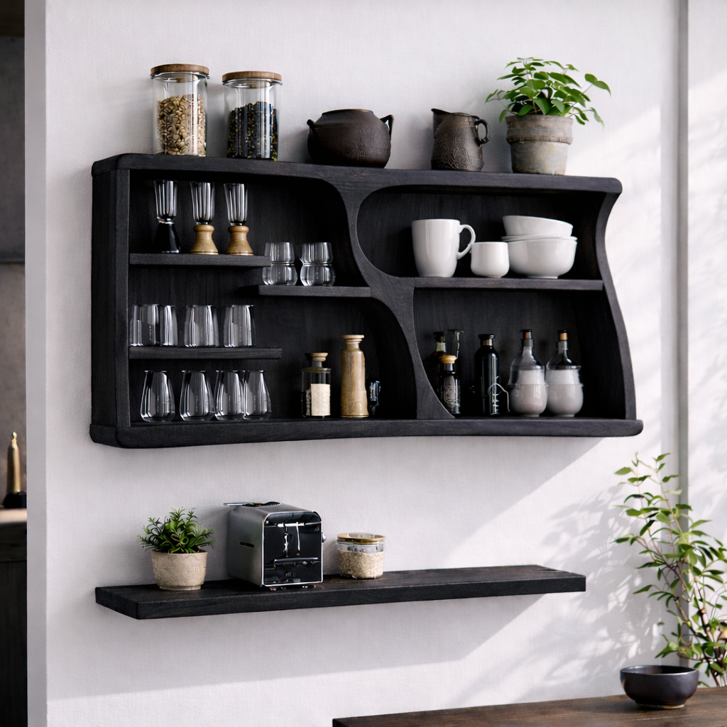 Solid Wood Kitchen Cabinet Shelf – Modern Wall Mounted Storage Display