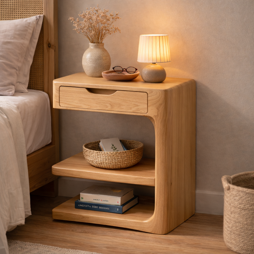 Solid Wood Nightstand with Drawer and Open Shelf – Modern Curved Bedside Table