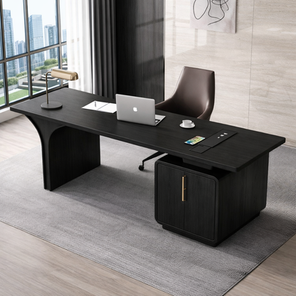 Modern Executive Desk with Curved Base and Cabinet, Minimalist Office Writing Table