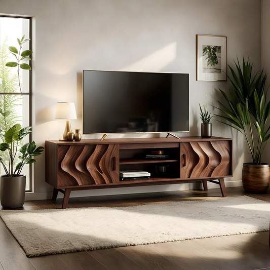 Solid Wood TV Stand Modern Walnut Media Console with Wave Doors and Storage
