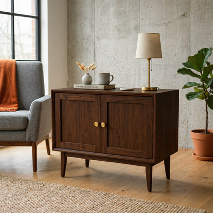 Solid Wood End Table with Double Doors – Mid Century Modern Bedside Side Table