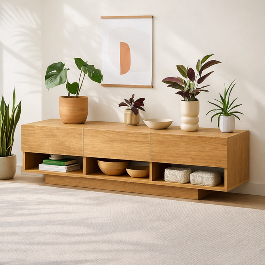 Modern Solid Wood Console Table, Minimalist Media Console Cabinet with Open Storage Shelves Kitchnce