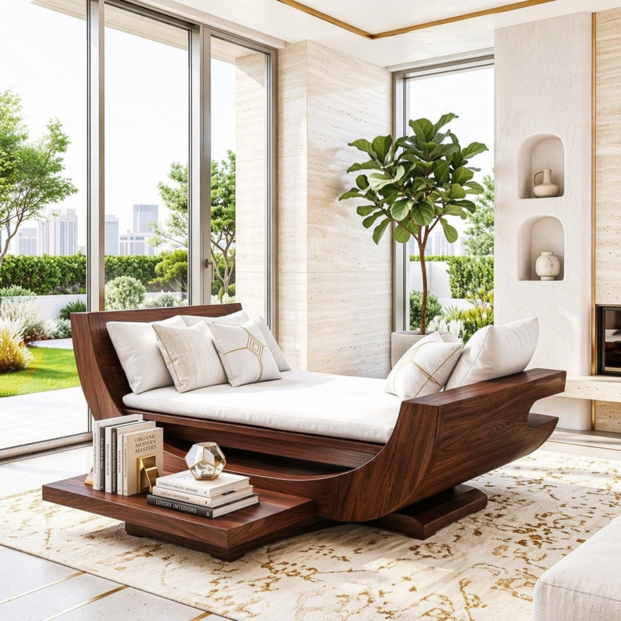 Modern Wooden Chaise Sofa, Minimalist Lounge Daybed with Built-In Bookshelf Couch