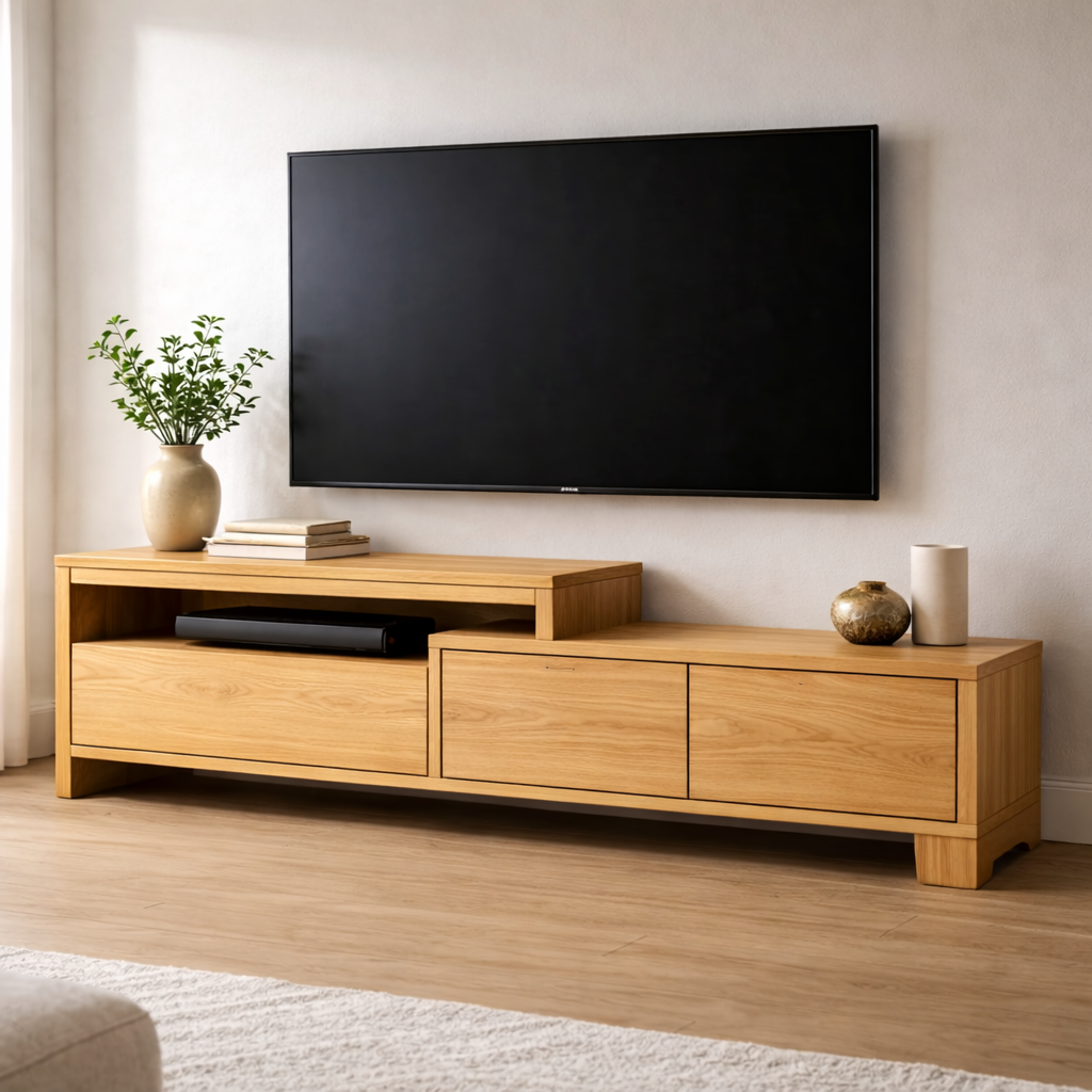 Solid Wood TV Console with Storage Cabinets and Media Shelf