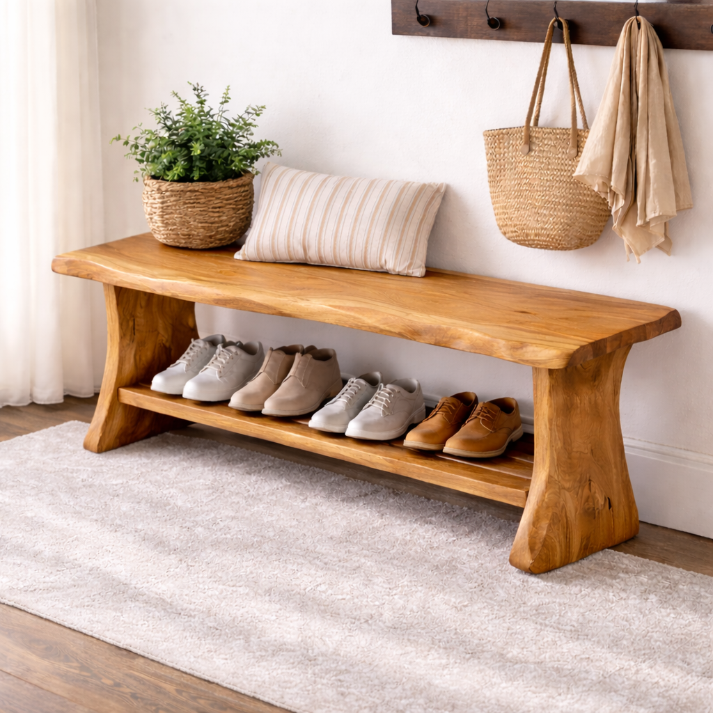 Solid Wood Entryway Bench with Shoe Storage | Rustic Bench for Hallway Kitchnce