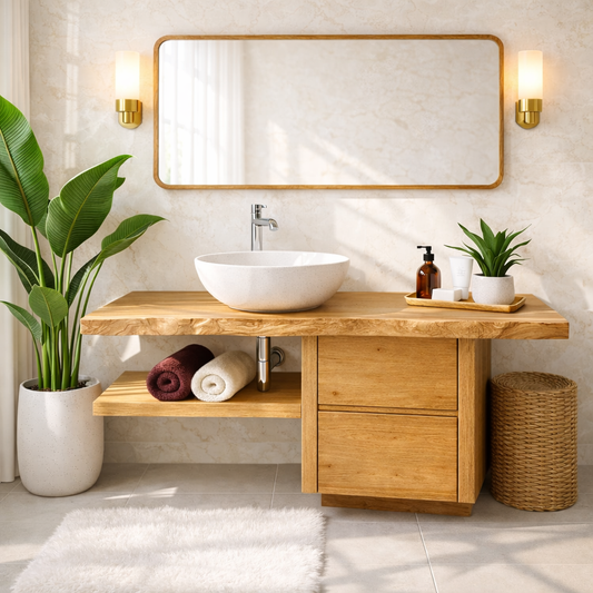 Handcrafted Solid Wood Bathroom Vanity with Live Edge Countertop and Modern Storage Design Kitchnce