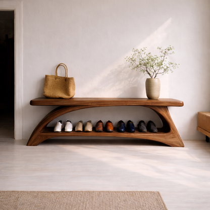 Solid Wood Entryway Bench with Shoe Storage Shelf – Modern Curved Wooden Shoe Rack Bench Kitchnce
