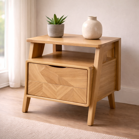 Solid Wood Nightstand with Angled Legs & Open Shelf – Contemporary Bedside Table