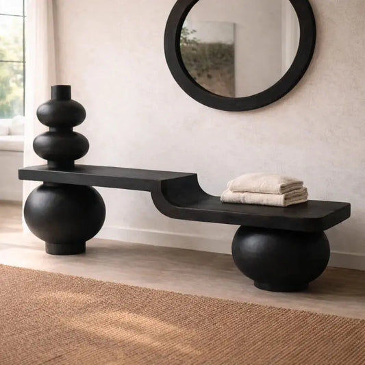 Sculptural Solid Wood Bench, Modern Artistic Entryway Statement Seating Kitchnce